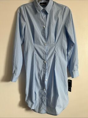 BCX Light Blue Pinstripe Longline Button-Up Shirt Dress